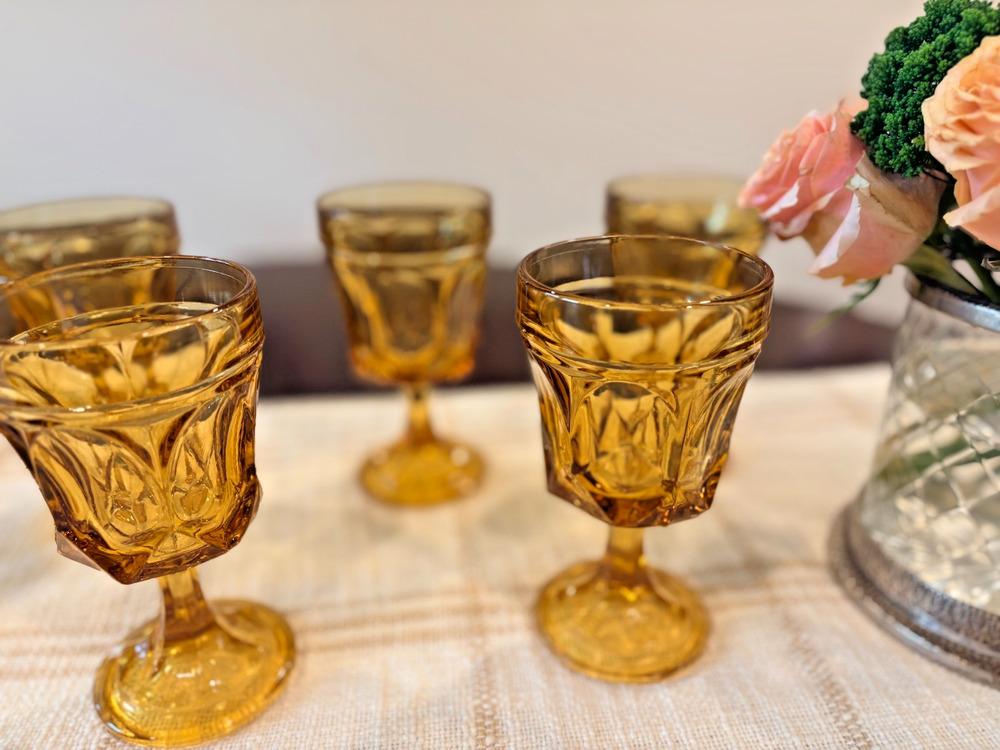 Vintage Anchor Hocking Fairfield Amber On the Rocks Goblets Glasses Set of 4 MCM